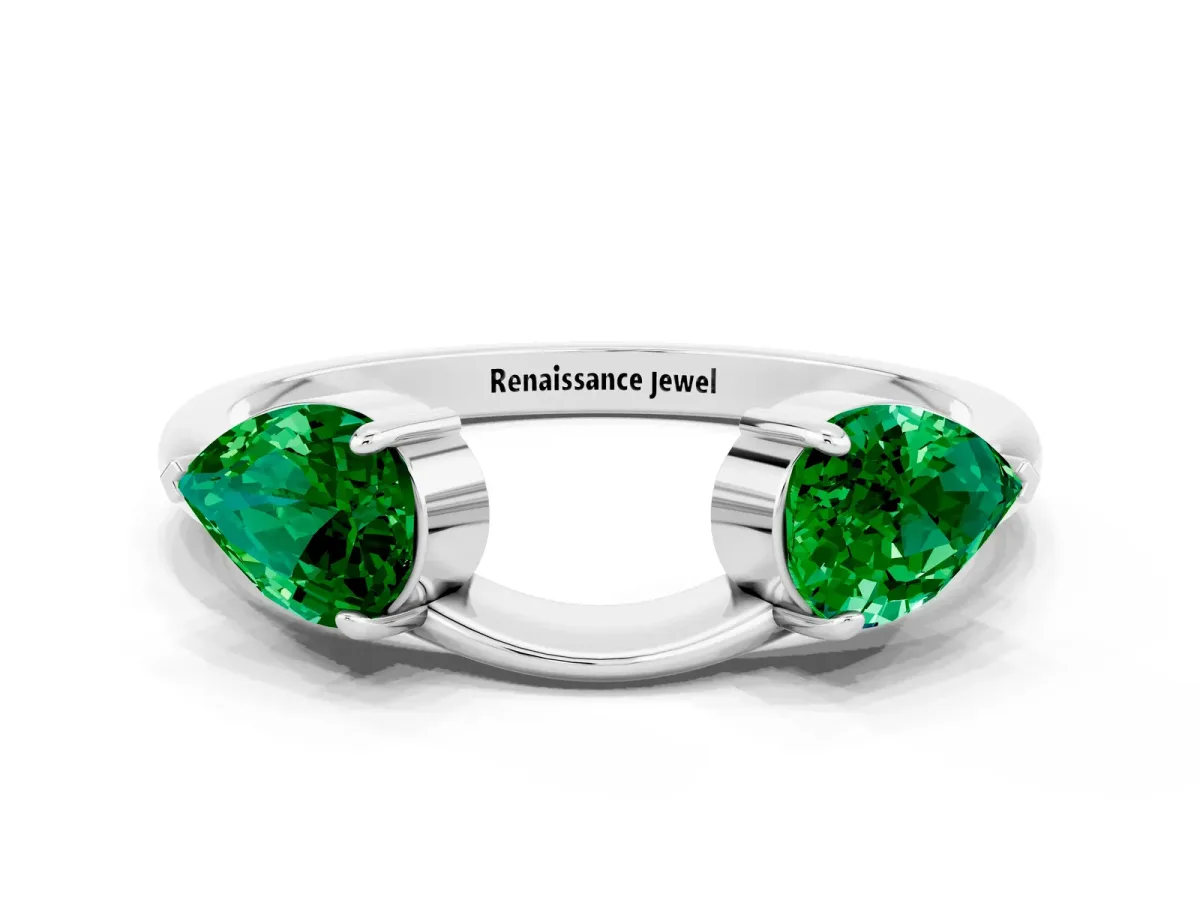 Two-Stone Pear Emerald Bypass Ring with Prong Setting White gold