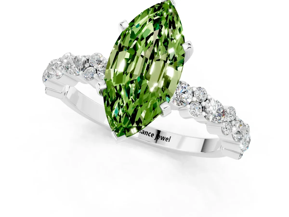 Marquise Cut Peridot Side Stone Solitaire Ring with Round and Four-Prong Setting White gold