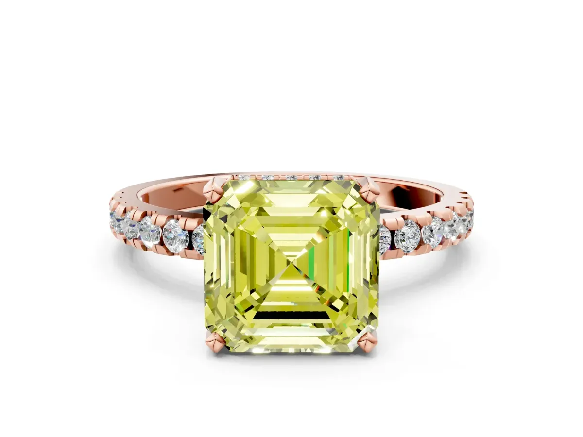 Fancy Yellow Asscher Cut Diamond Solitaire Ring with Round Pavé Band and Four-Prong Setting Rose gold