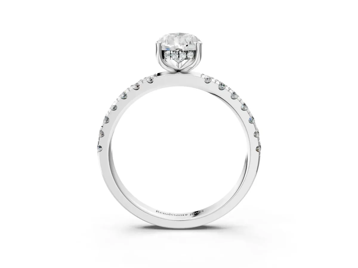 Pear Cut Diamond Pave Band Solitaire Ring with Round and Prong Setting White gold
