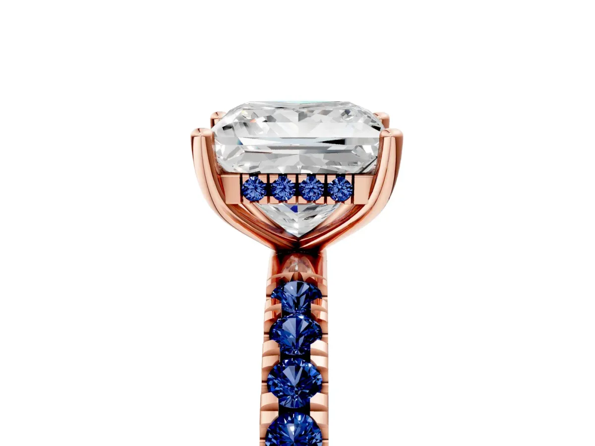 Princess Cut Diamond Pave Band Solitaire Ring with Round Blue Sapphire and Prong Setting Rose gold