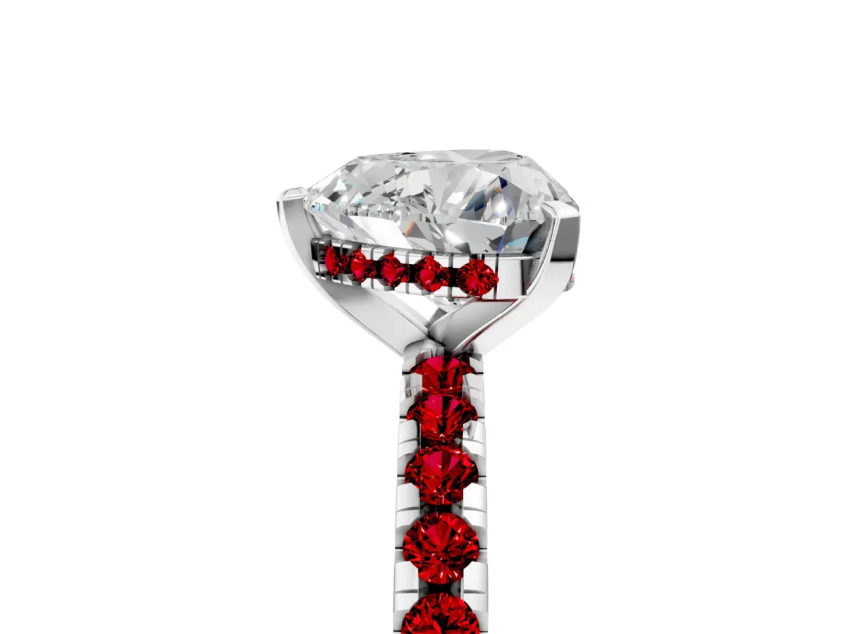 Heart Cut Diamond Solitaire Ring with Round Ruby Pavé Band and Four-Prong Setting Platinum