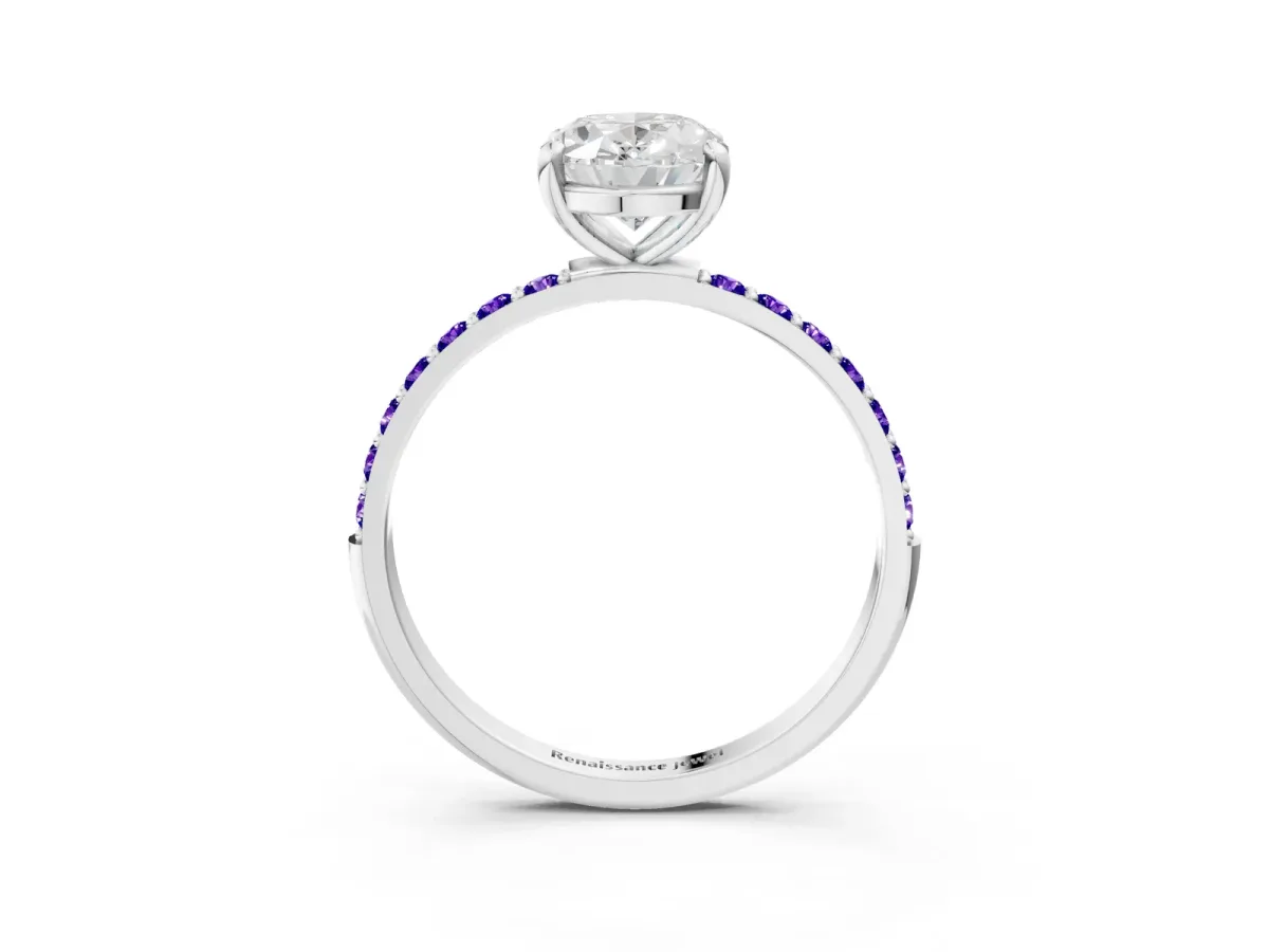 Oval Cut Diamond Solitaire Ring with Round Tanzanite Pavé Band and Prong Setting Platinum