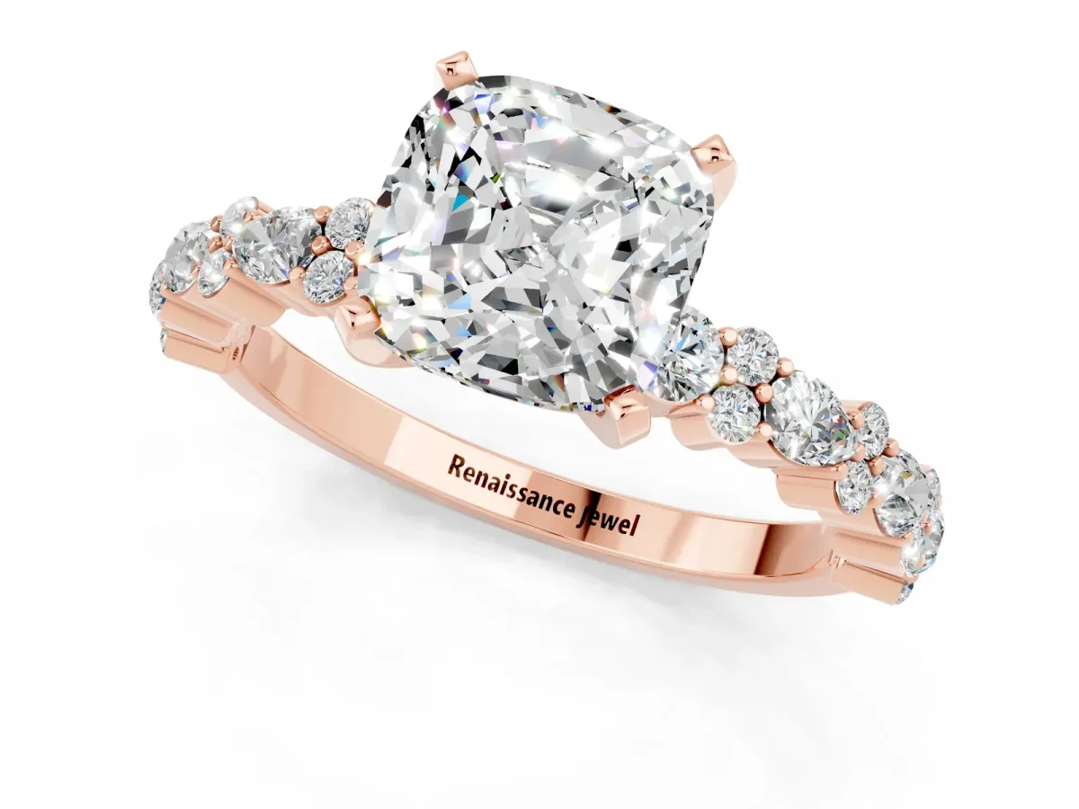 Cushion Cut Moissanite Side Stone Solitaire Ring with Round and Four-Prong Setting Rose gold
