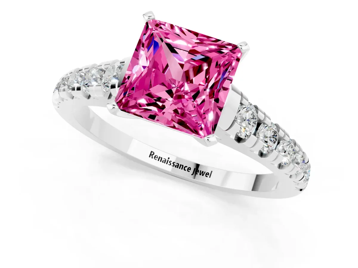 Princess Cut Pink Sapphire Cathedral Solitaire Ring with Round Pavé Band Platinum
