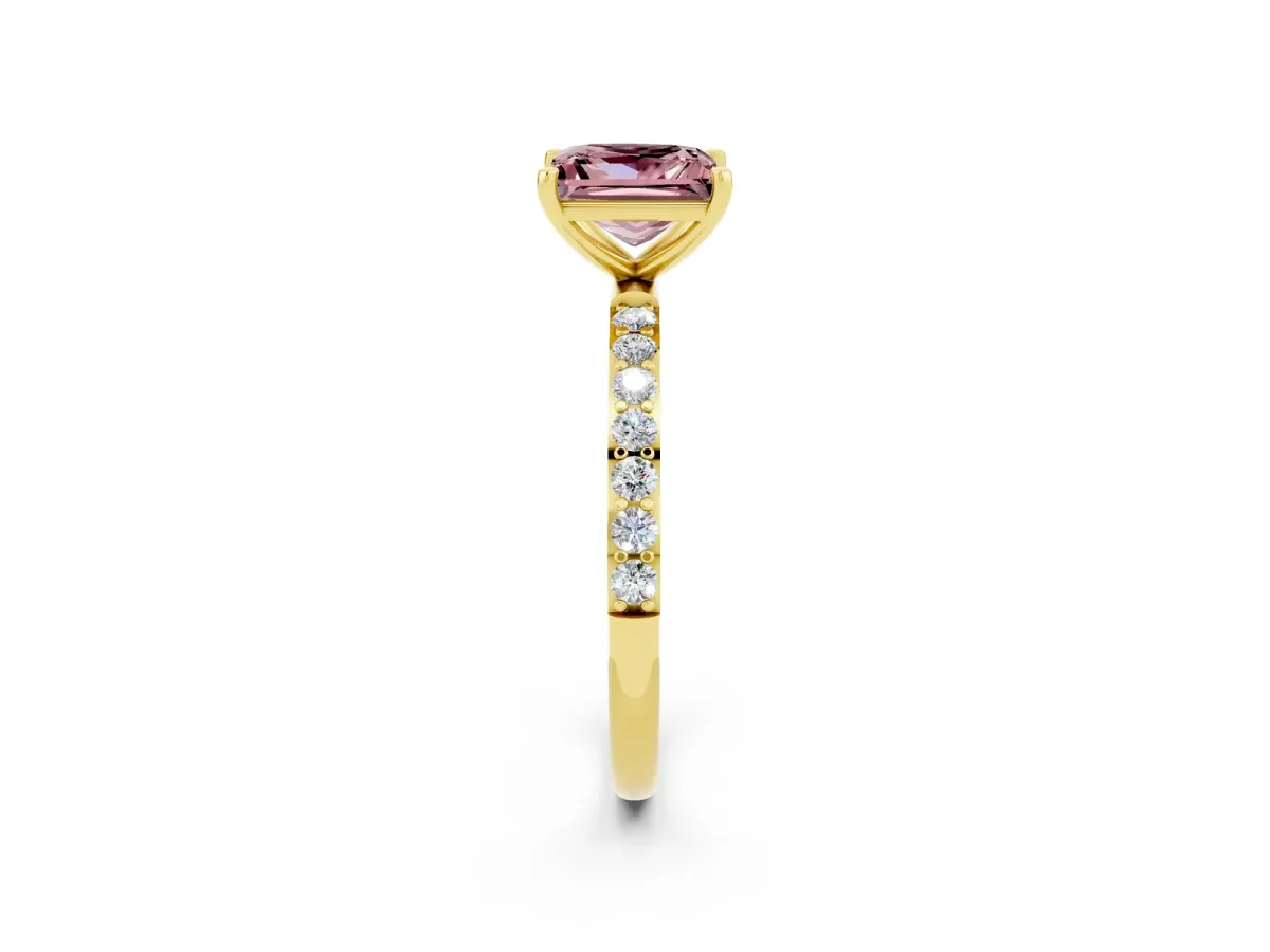Princess Cut Morganite Solitaire Ring with Round Pavé Band and Prong Setting Yellow gold