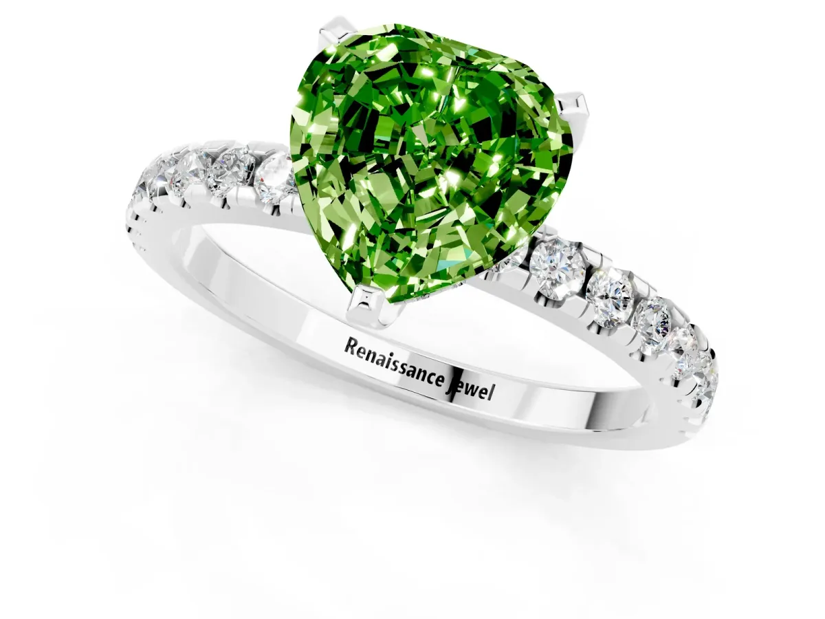 Heart Cut Peridot Solitaire Ring with Round Pavé Band and Four-Prong Setting Platinum