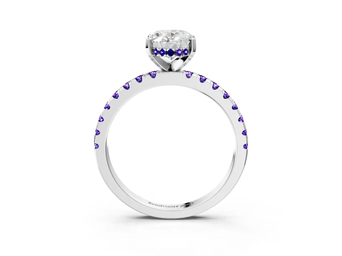 Oval Cut Diamond Solitaire Ring with Round Tanzanite Pavé Band and Four-Prong Setting Silver