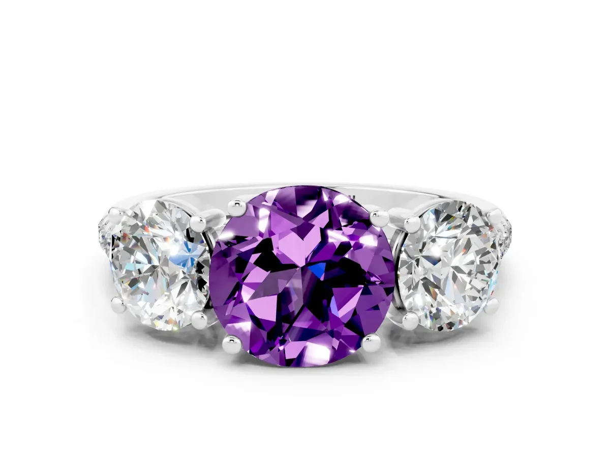 Three-Stone Round Cut Amethyst Ring with Round Pavé Band and Prong Setting Silver
