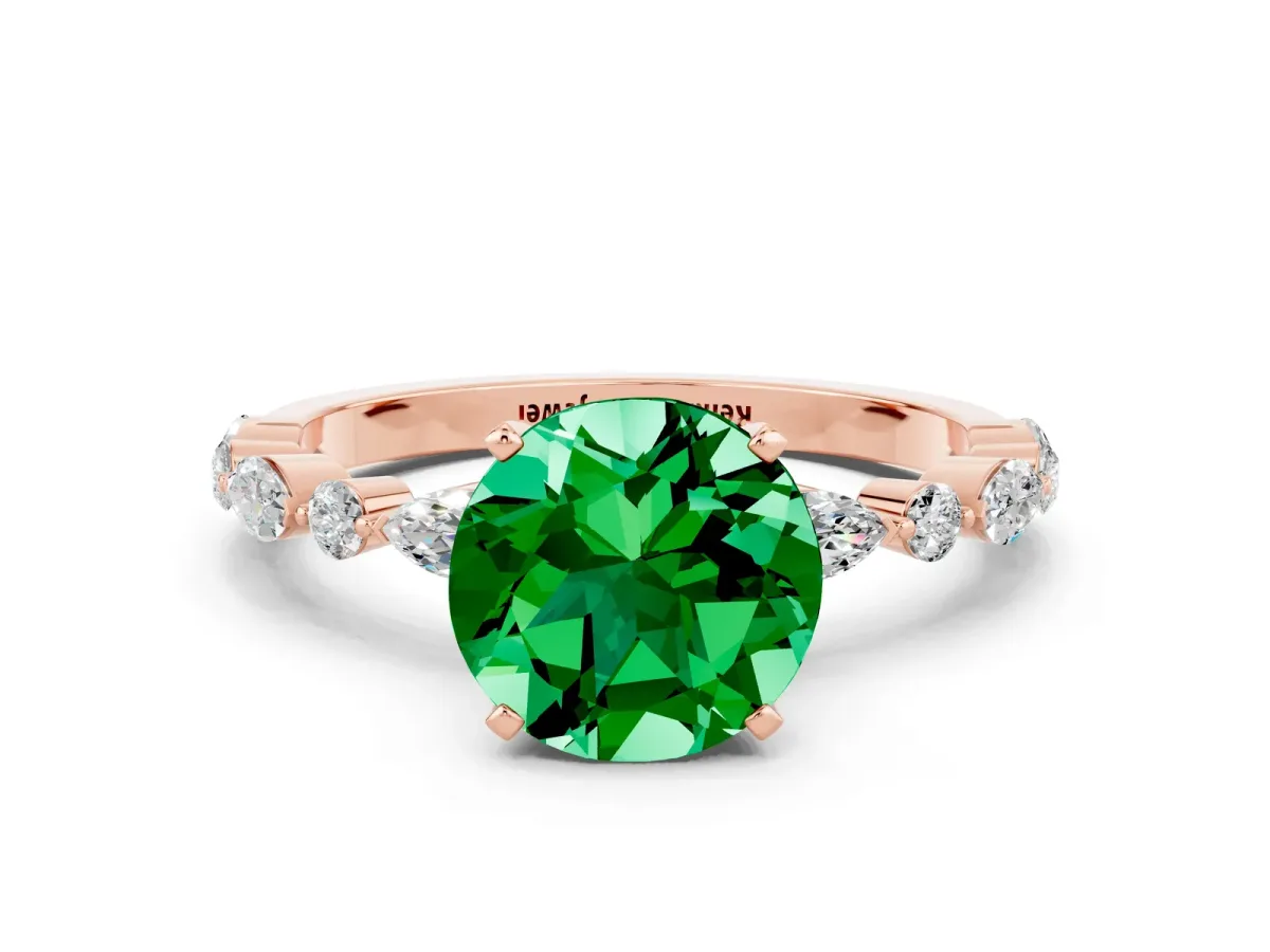Round Cut Emerald Ring with Marquise and Round Side Stones and Four-Prong Setting Rose gold