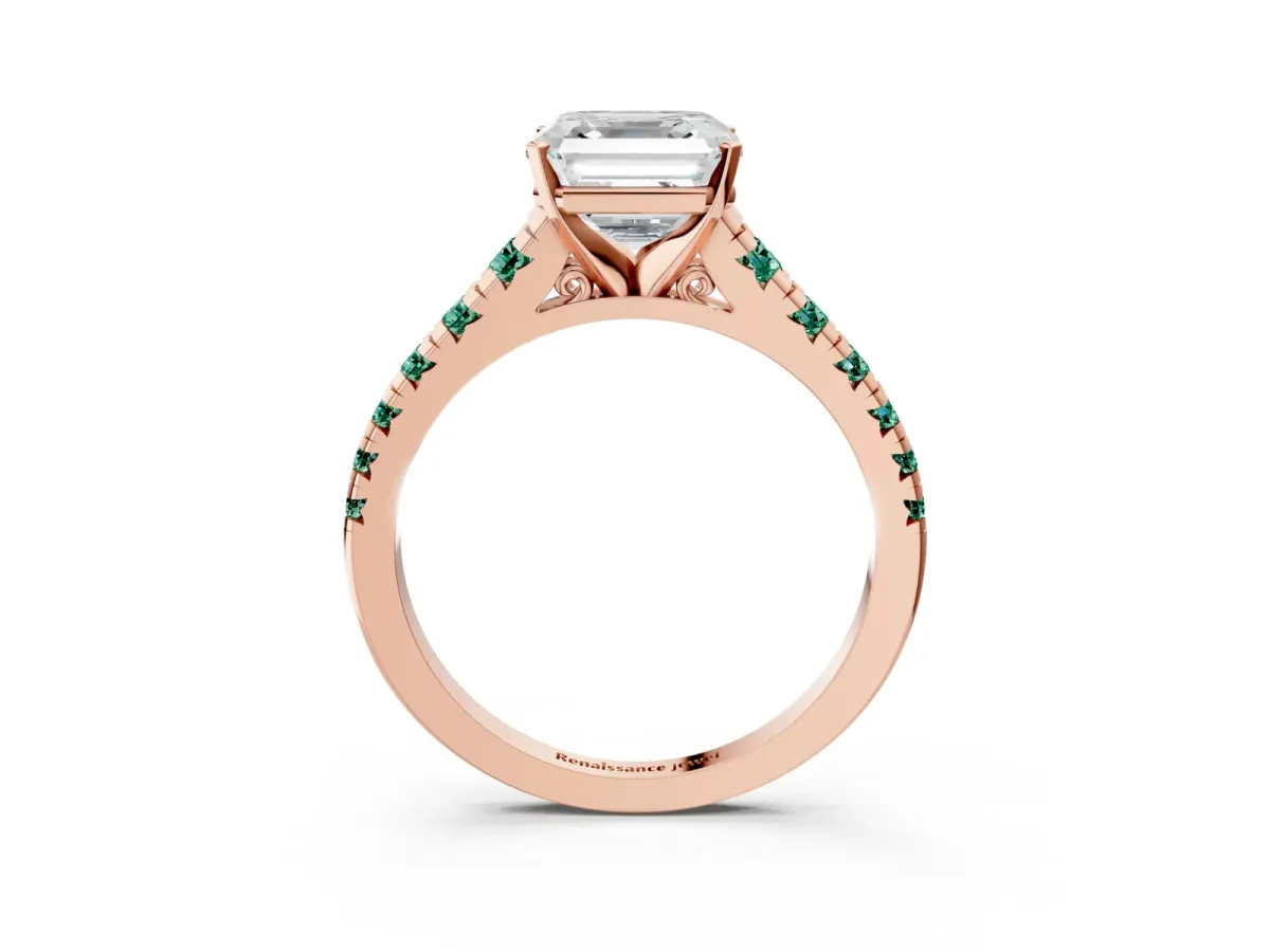 Asscher Cut Diamond Cathedral Solitaire Ring with Round Green Sapphire Pavé Band Rose gold
