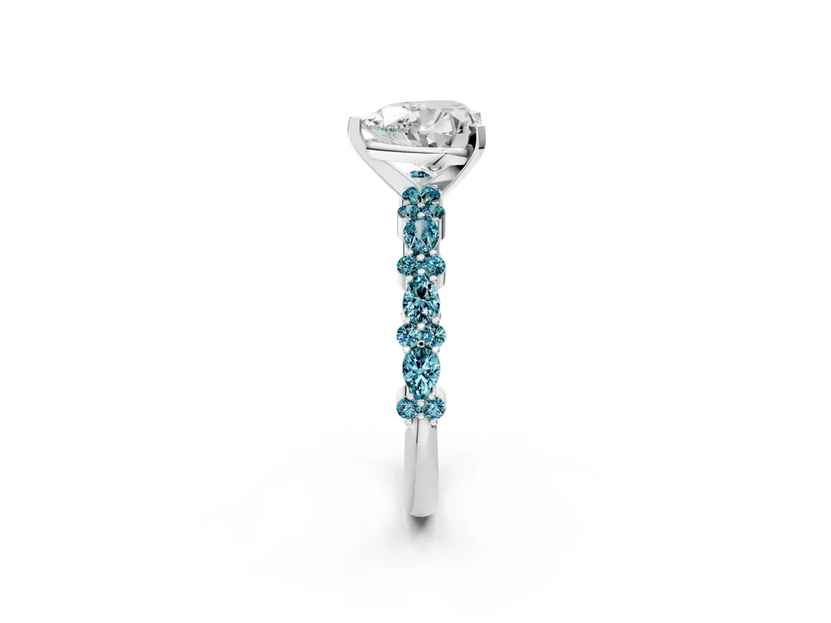 Heart Cut Diamond Side Stone Solitaire Ring with Round Blue Topaz and Four-Prong Setting Platinum