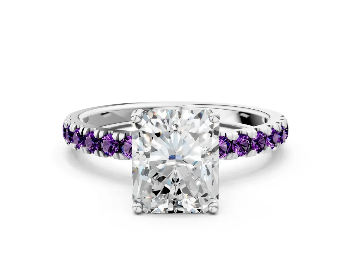 Radiant Cut Diamond Pave Band Solitaire Ring with Round Amethyst and Prong Setting Silver