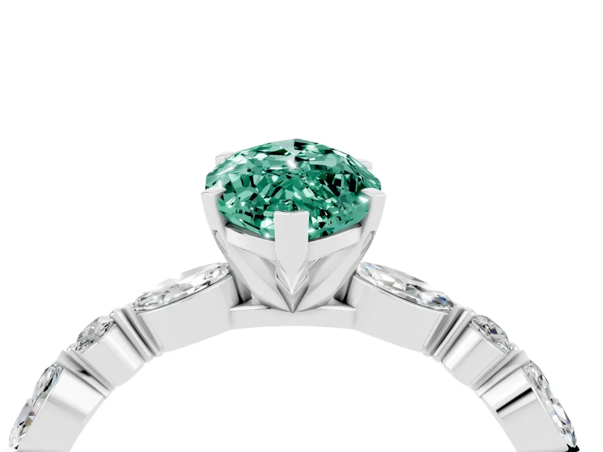 Marquise Cut Green Sapphire Ring with Marquise and Round Side Stones and Four-Prong Setting Platinum