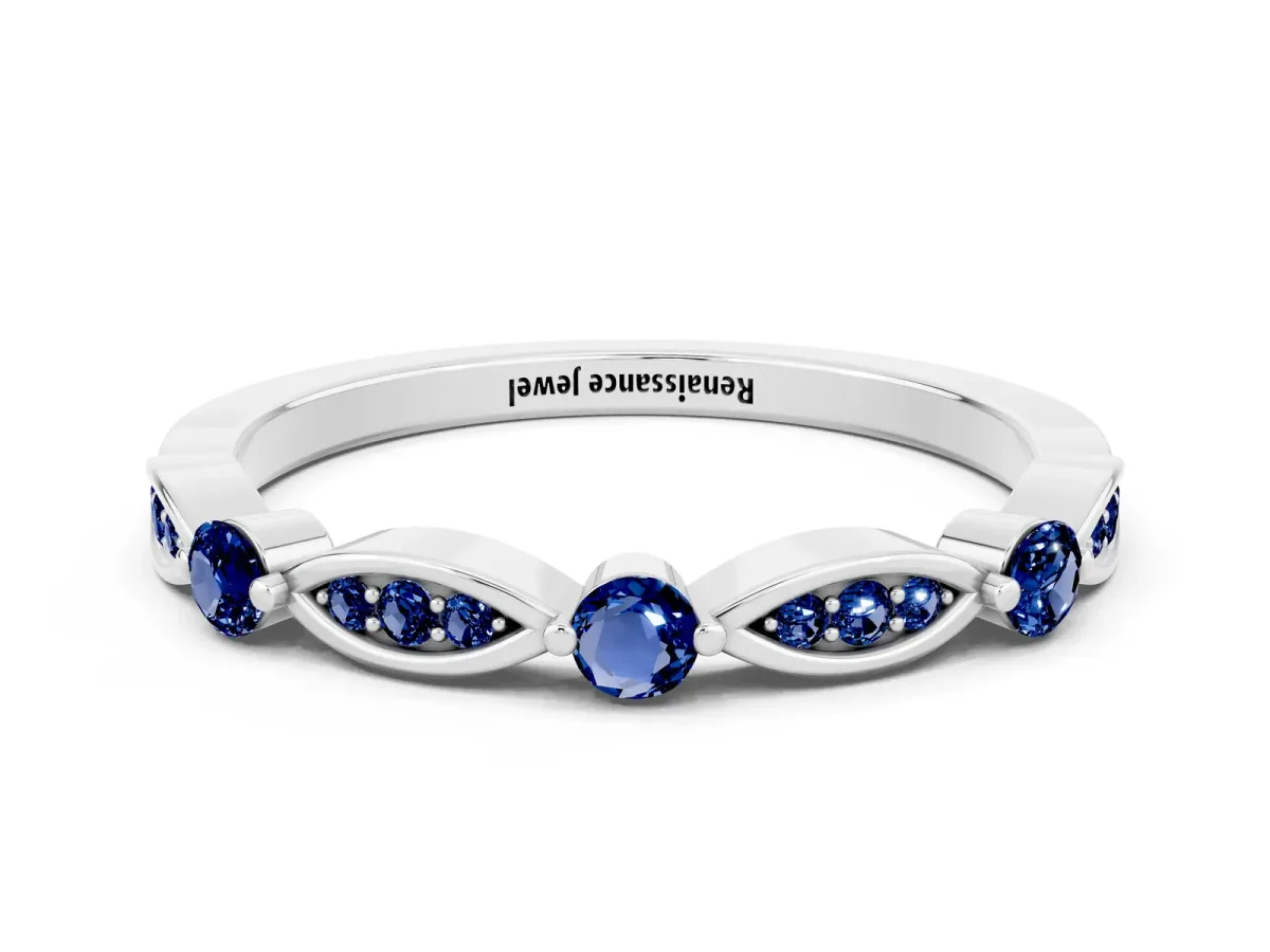 Marquise and Round Blue Sapphire Milgrain Band with Bezel Setting Silver
