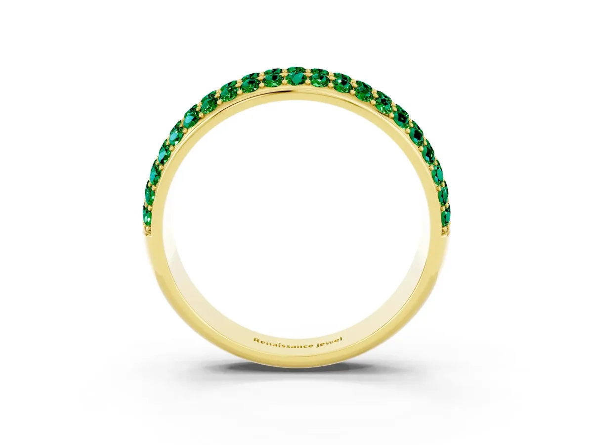 Three-Row Round Emerald Eternity Band with Shared Prong Setting Yellow gold