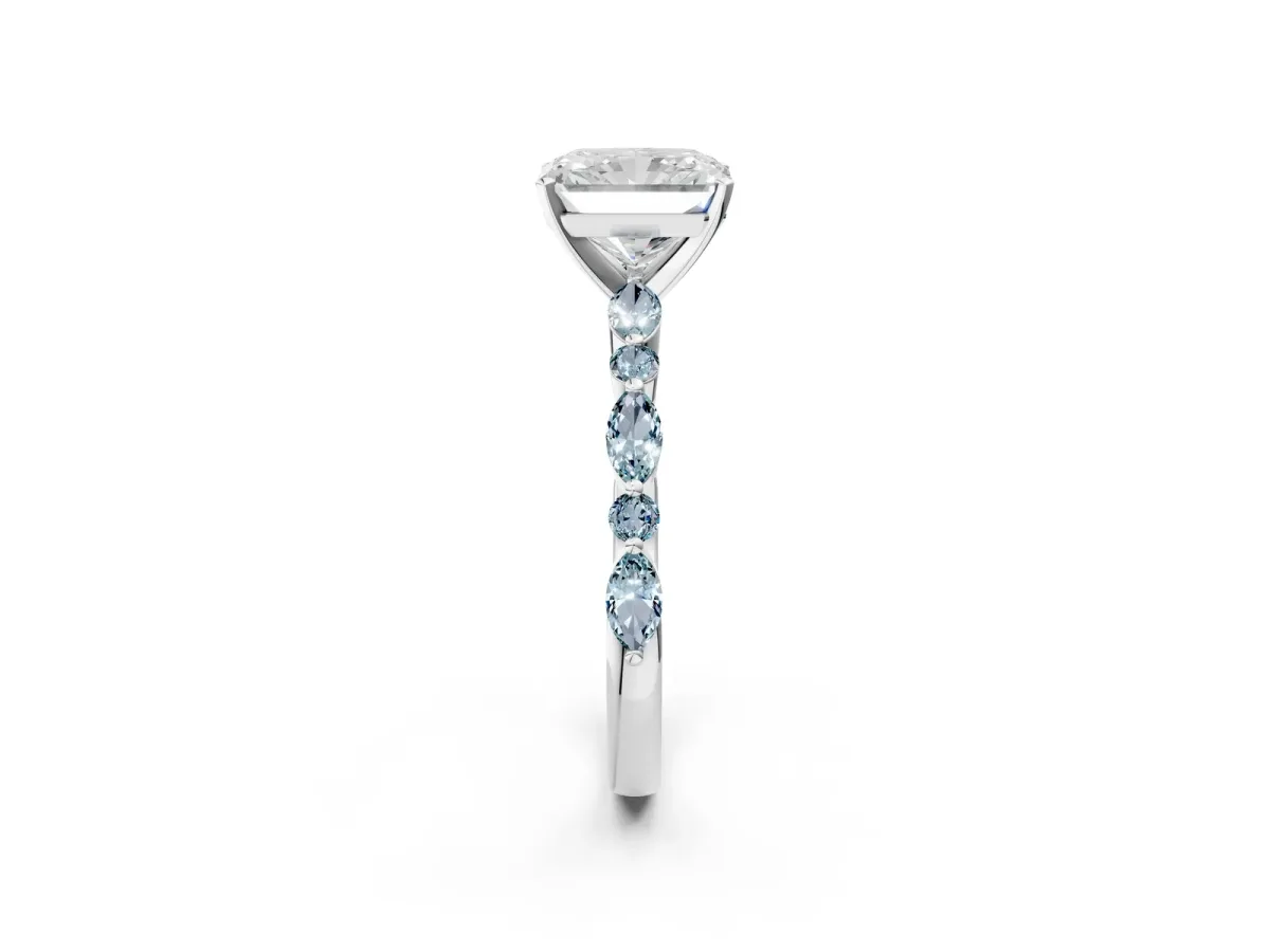 Radiant Cut Diamond Ring with Marquise and Round Aquamarine Side Stones and Four-Prong Setting Silver