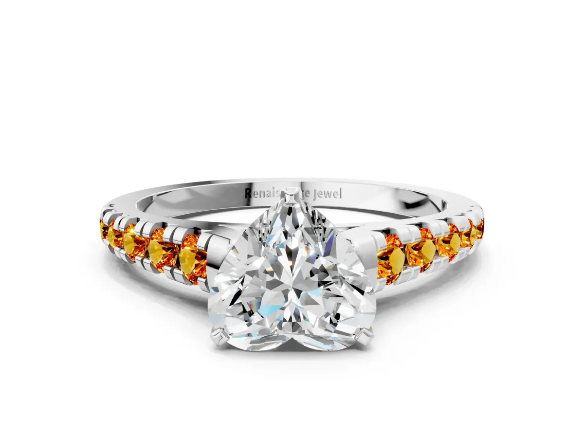 Heart Cut Diamond Cathedral Solitaire Ring with Round Citrine Pavé Band Silver