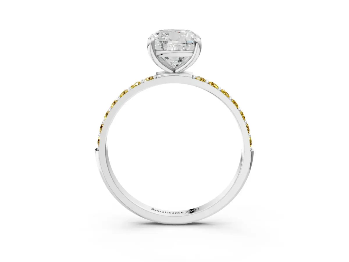 Cushion Cut Diamond Solitaire Ring with Round Yellow Sapphire Pavé Band and Prong Setting Silver