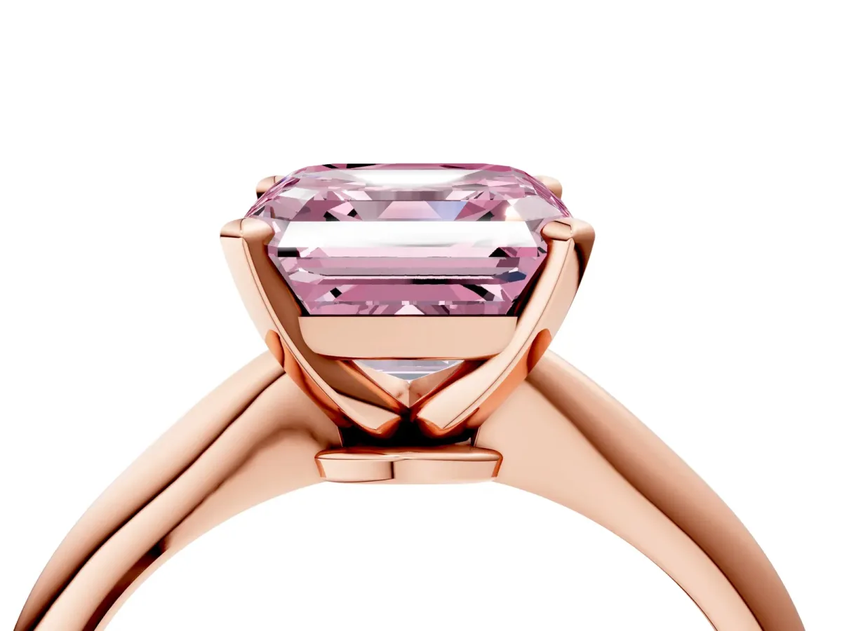 Fancy Pink Asscher Cut Diamond Solitaire Engagement Ring with Classic Band and Four-Prong Setting Rose gold