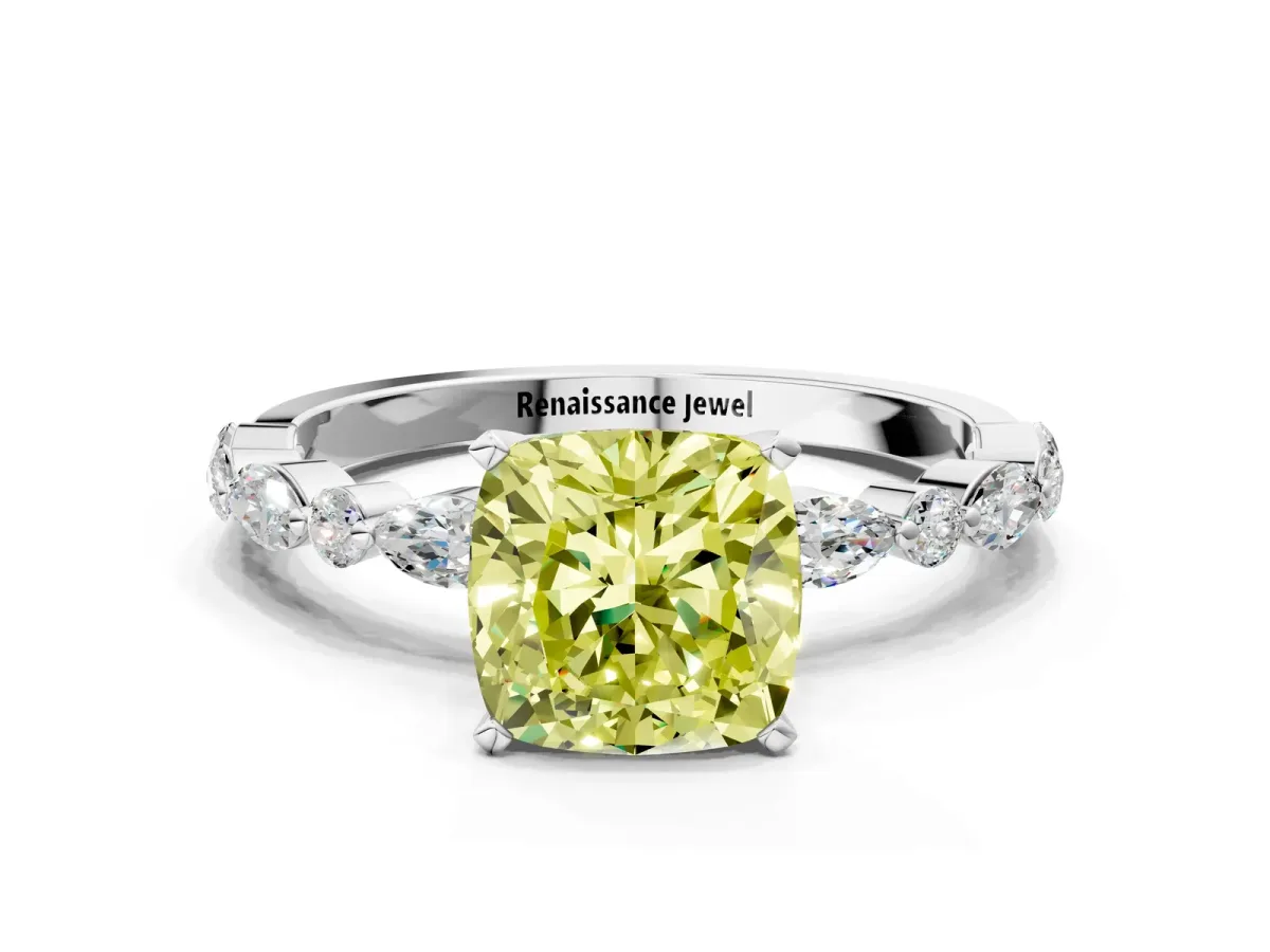 Fancy Yellow Cushion Cut Diamond Ring with Marquise and Round Side Stones and Four-Prong Setting Silver