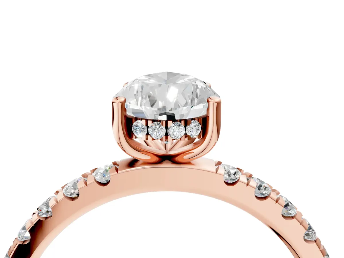 Pear Cut Diamond Pave Band Solitaire Ring with Round and Prong Setting Rose gold