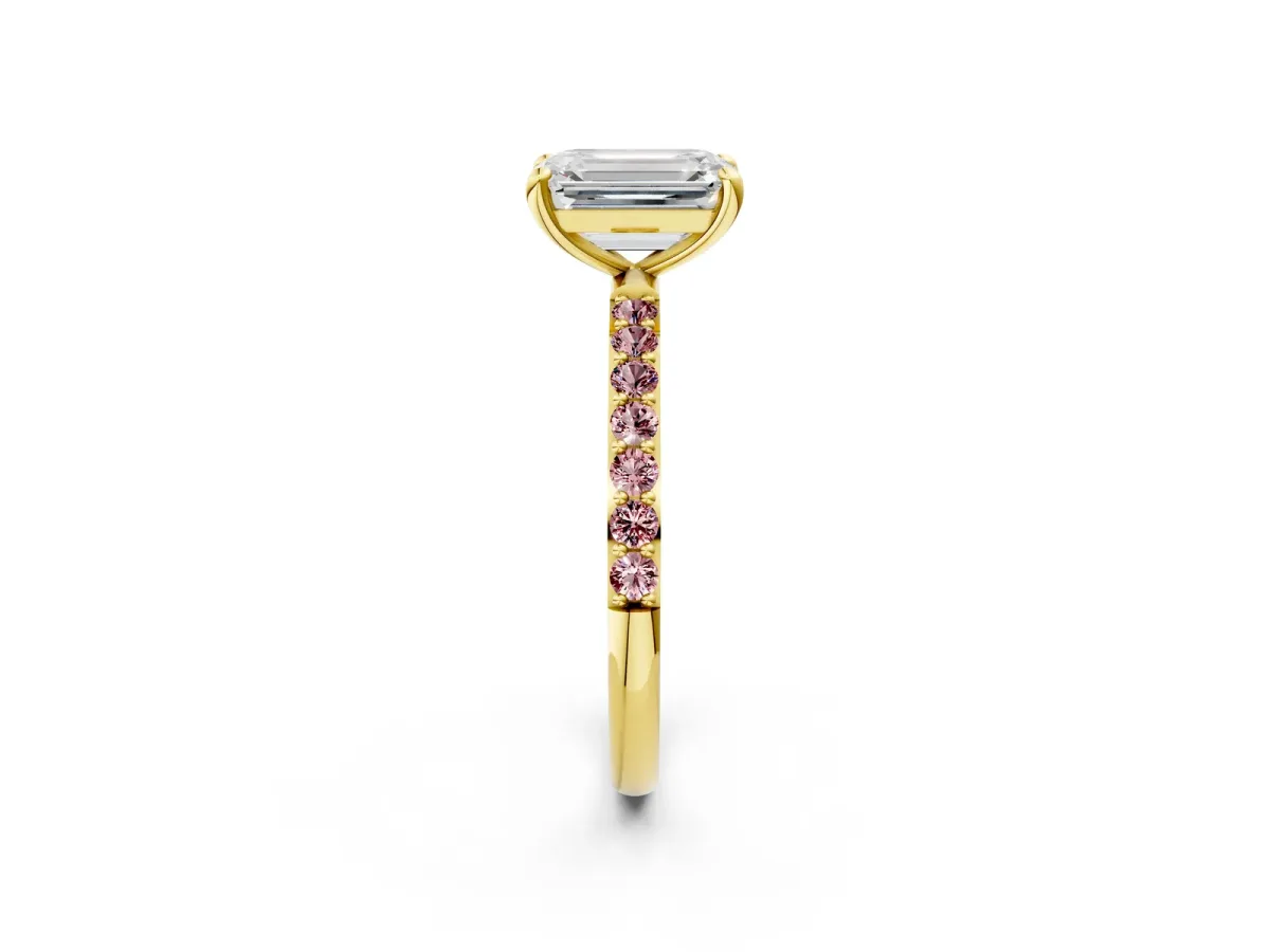 Emerald Cut Diamond Solitaire Ring with Round Morganite Pavé Band and Prong Setting Yellow gold