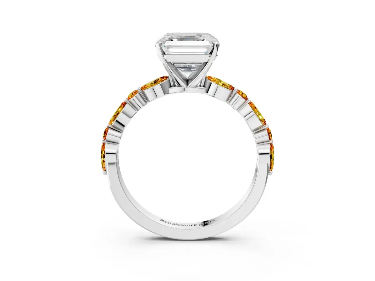 Asscher Cut Diamond Ring with Marquise and Round Citrine Side Stones and Four-Prong Setting Silver