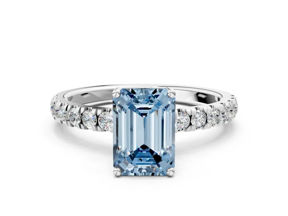 Fancy Blue Emerald Cut Diamond Pave Band Solitaire Ring with Round and Prong Setting Silver