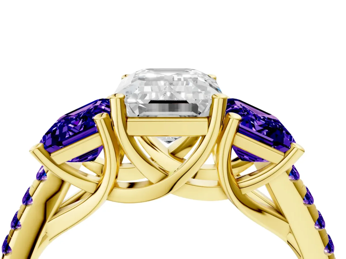Three-Stone Emerald Cut Diamond Ring with Round Tanzanite Pavé Band and Prong Setting Yellow gold