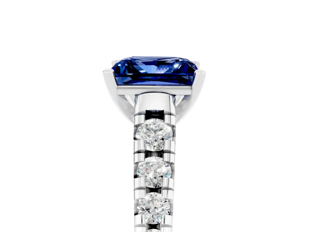 Princess Cut Blue Sapphire Cathedral Solitaire Ring with Round Pavé Band Platinum