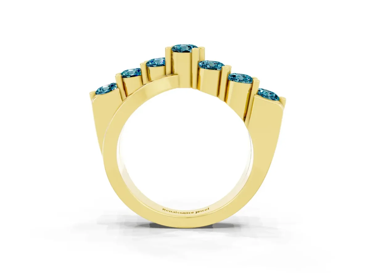 Round Blue Topaz Prong-Set Crossover Band Yellow gold