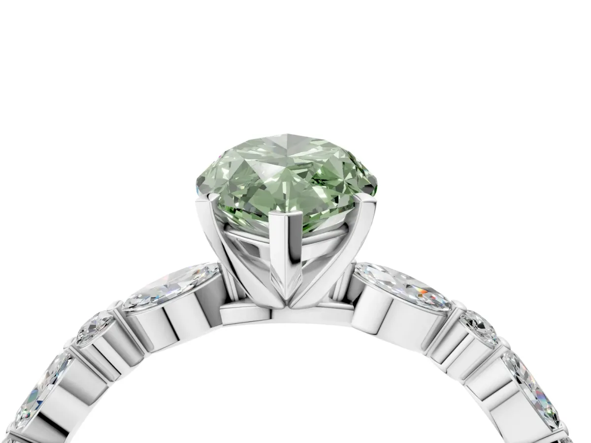 Fancy Green Marquise Cut Diamond Ring with Marquise and Round Side Stones and Four-Prong Setting Silver