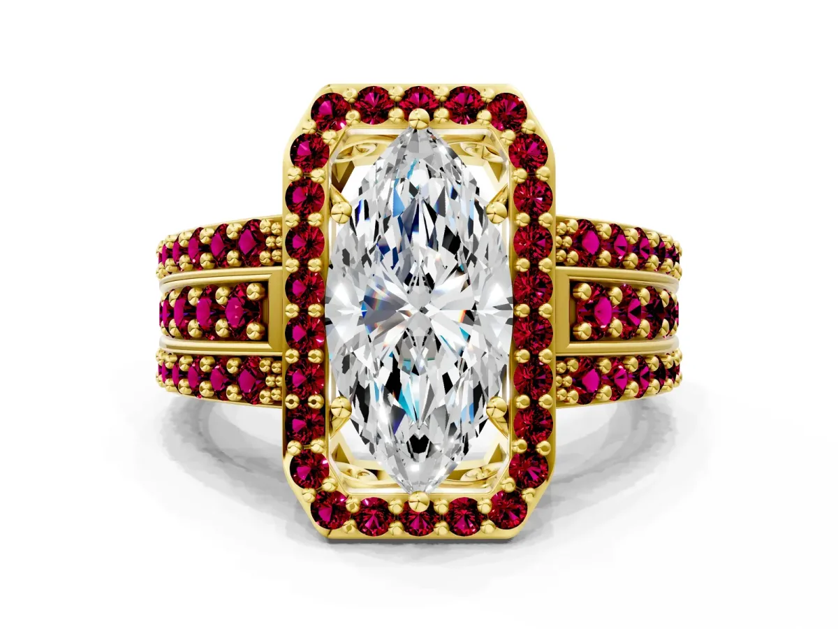 Marquise Cut Halo Diamond Ring with Round Garnet Split Shank and Prong Setting Yellow gold
