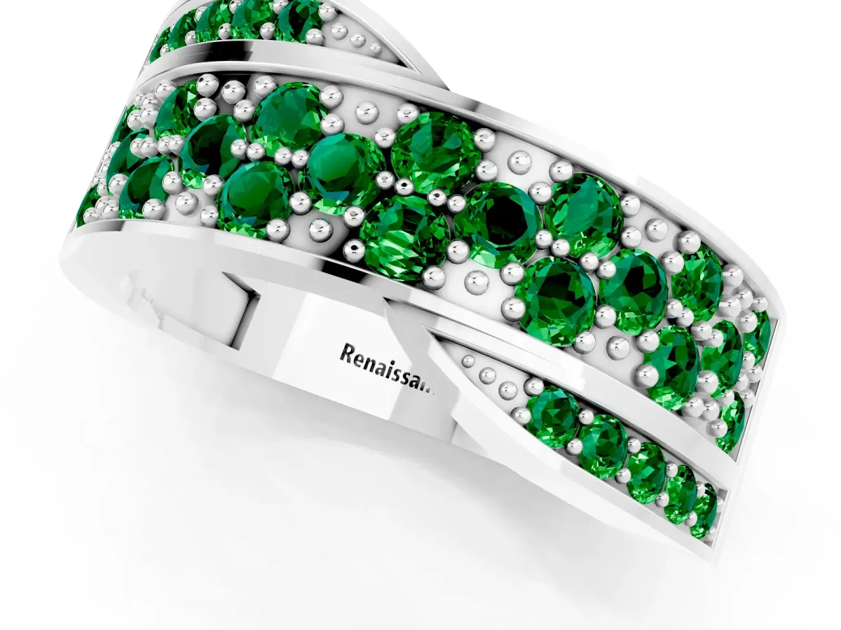 Pavé Round Emerald Crossover Band with Bead Prong Setting Platinum