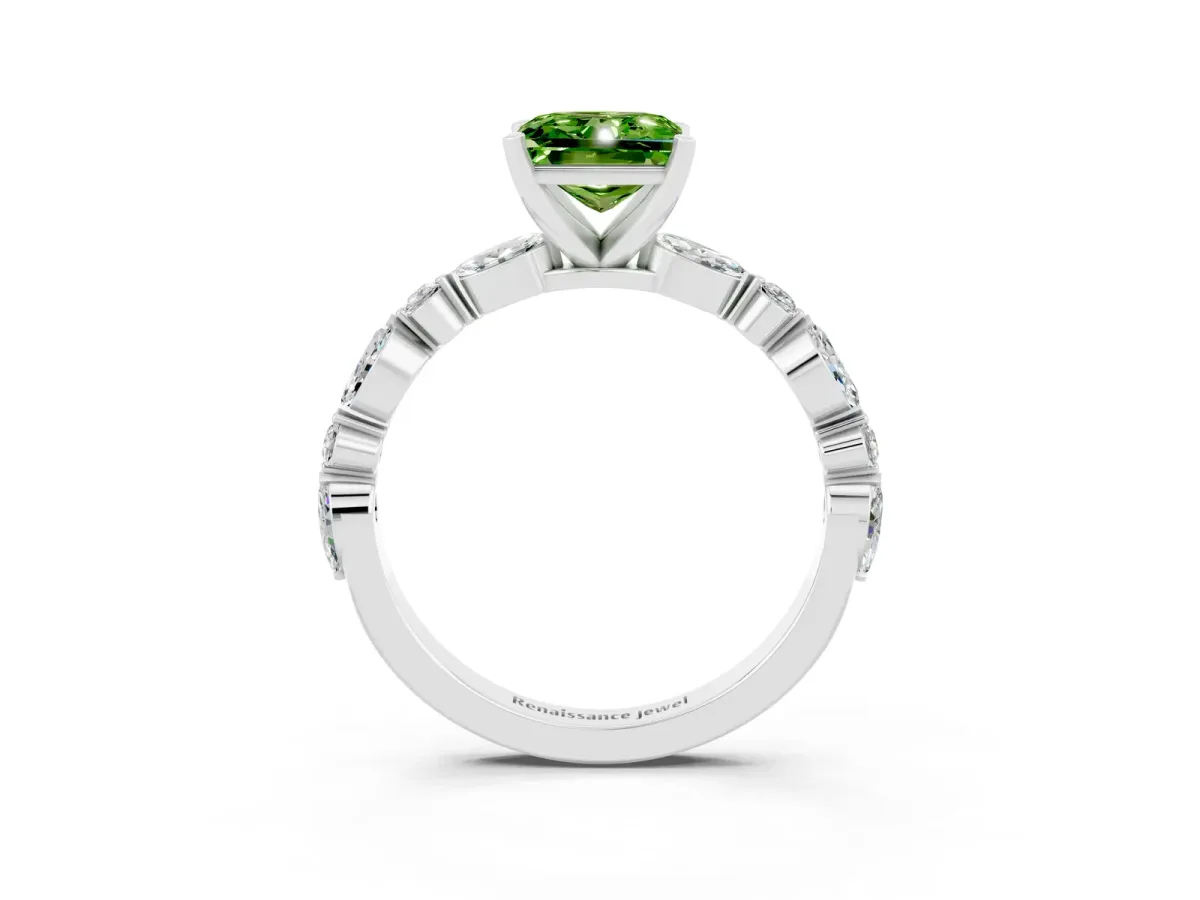Princess Cut Peridot Ring with Marquise and Round Side Stones and Four-Prong Setting Silver