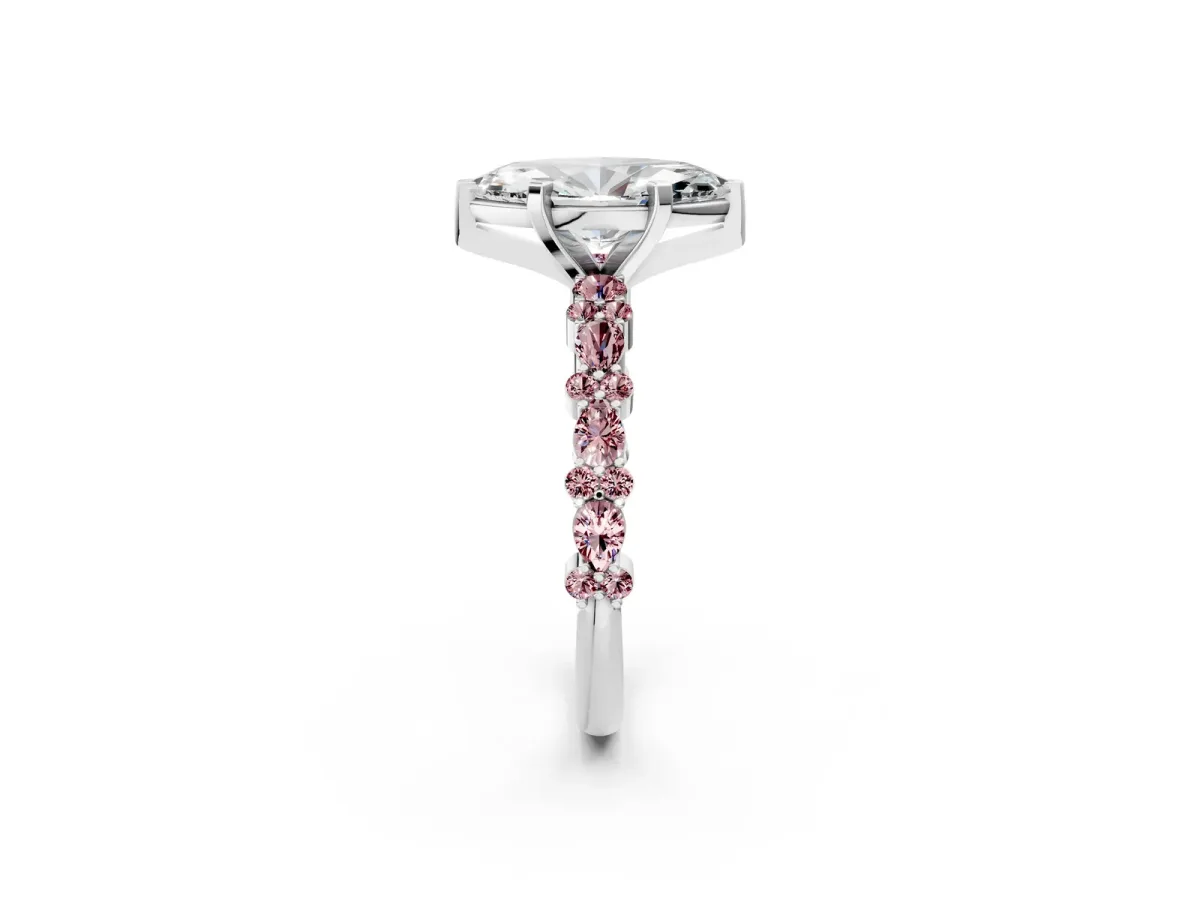 Marquise Cut Diamond Side Stone Solitaire Ring with Round Morganite and Four-Prong Setting Platinum
