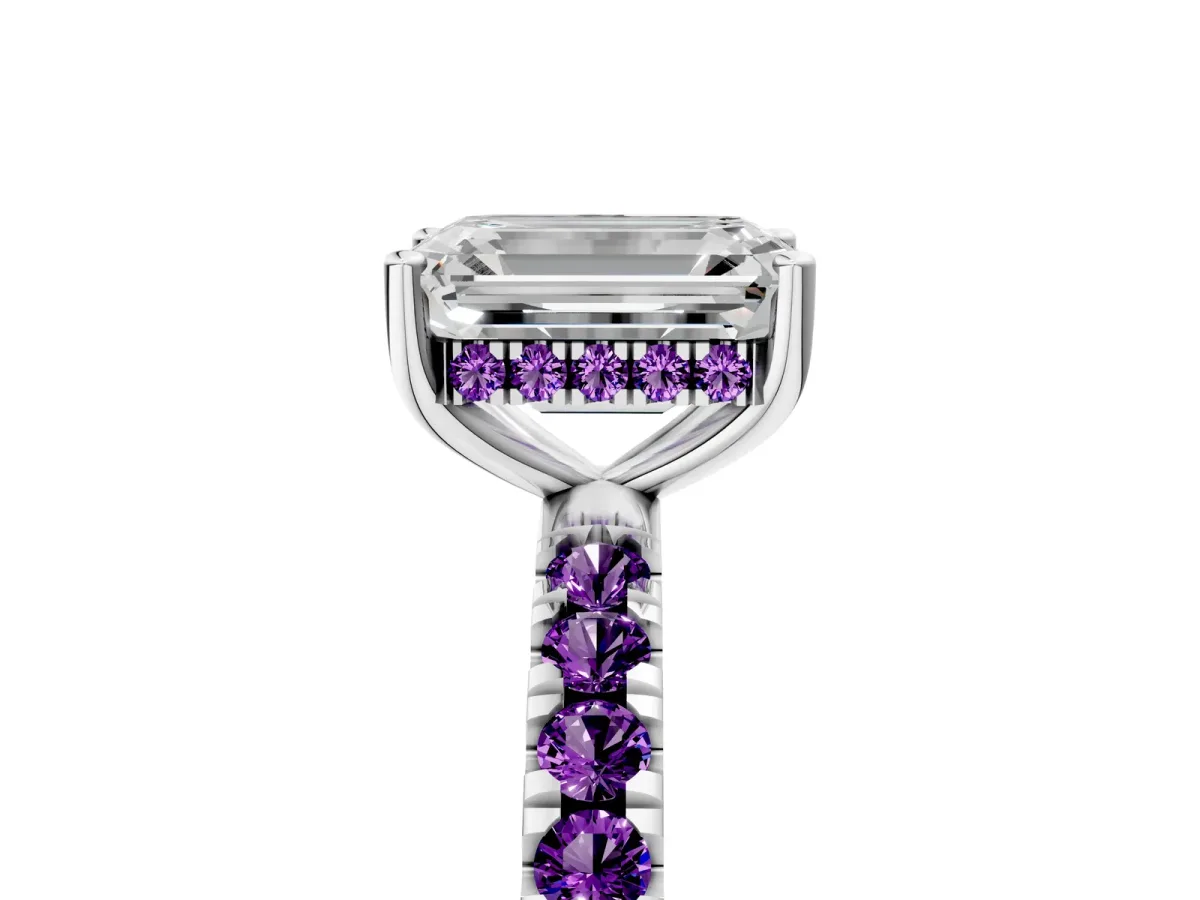 Emerald Cut Diamond Pave Band Solitaire Ring with Round Amethyst and Prong Setting Platinum
