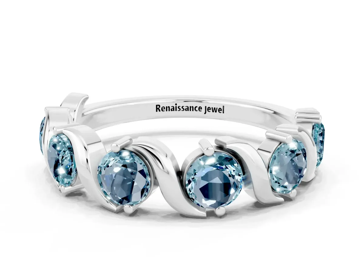 Round Aquamarine Half Eternity Band with Wave Prong Setting White gold