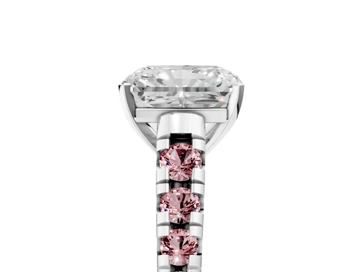 Radiant Cut Diamond Cathedral Solitaire Ring with Round Morganite Pavé Band Silver