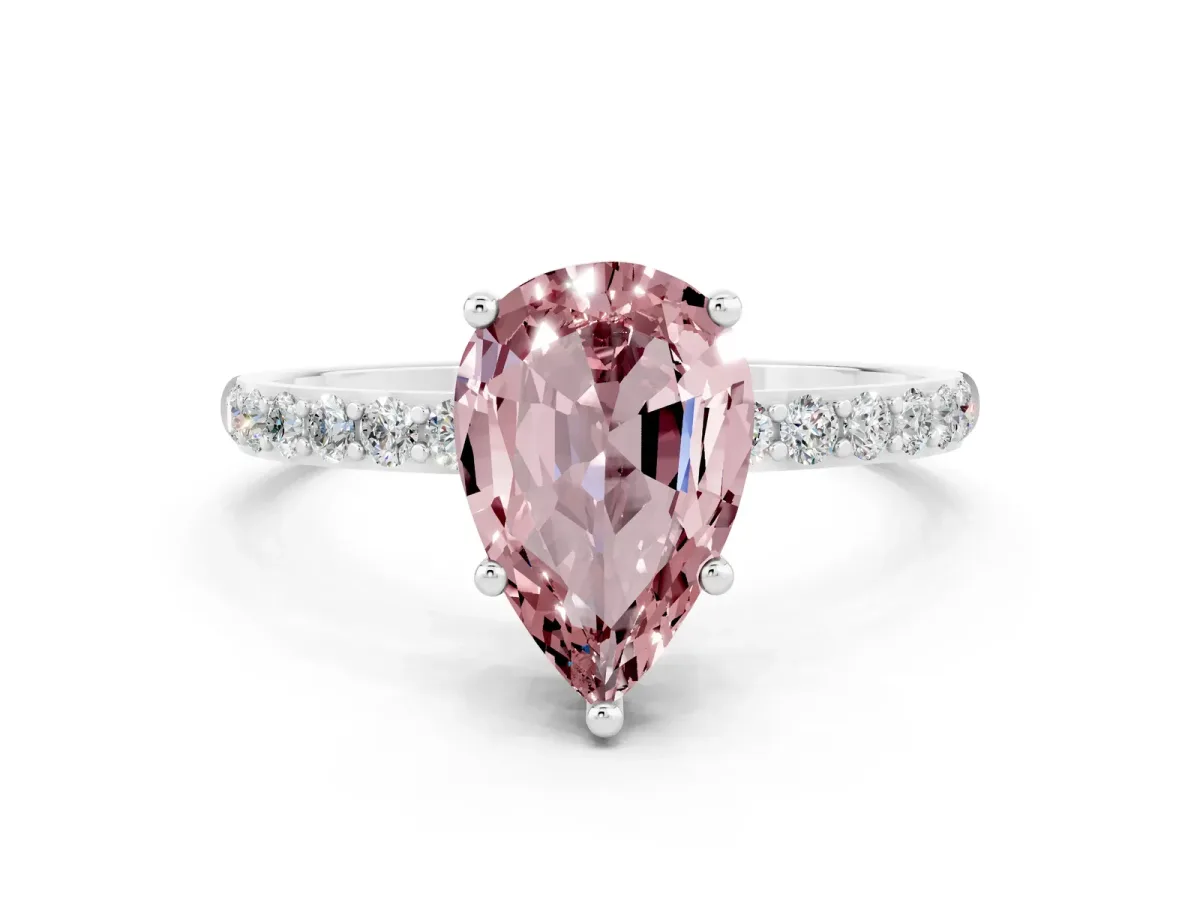 Pear Cut Morganite Solitaire Ring with Round Pavé Band and Prong Setting Platinum