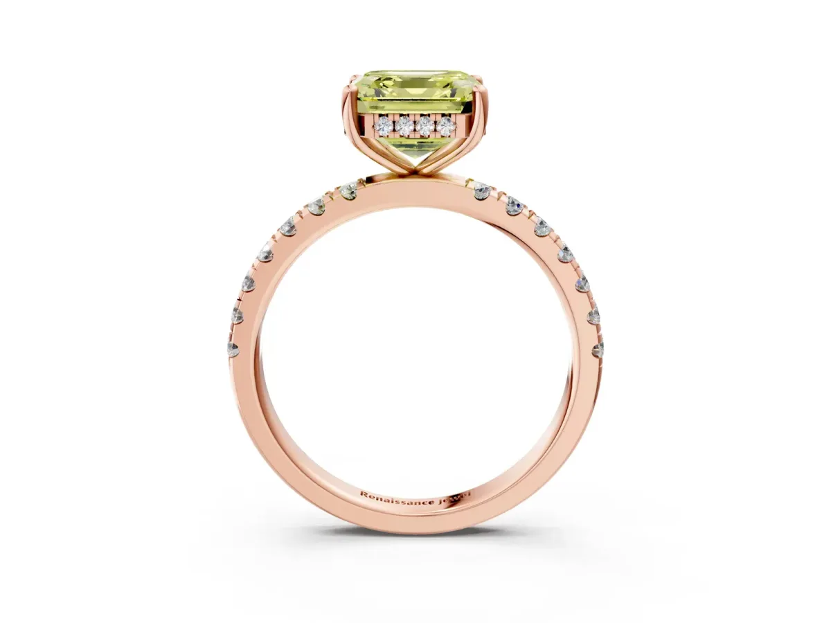 Fancy Yellow Asscher Cut Diamond Pave Band Solitaire Ring with Round and Prong Setting Rose gold