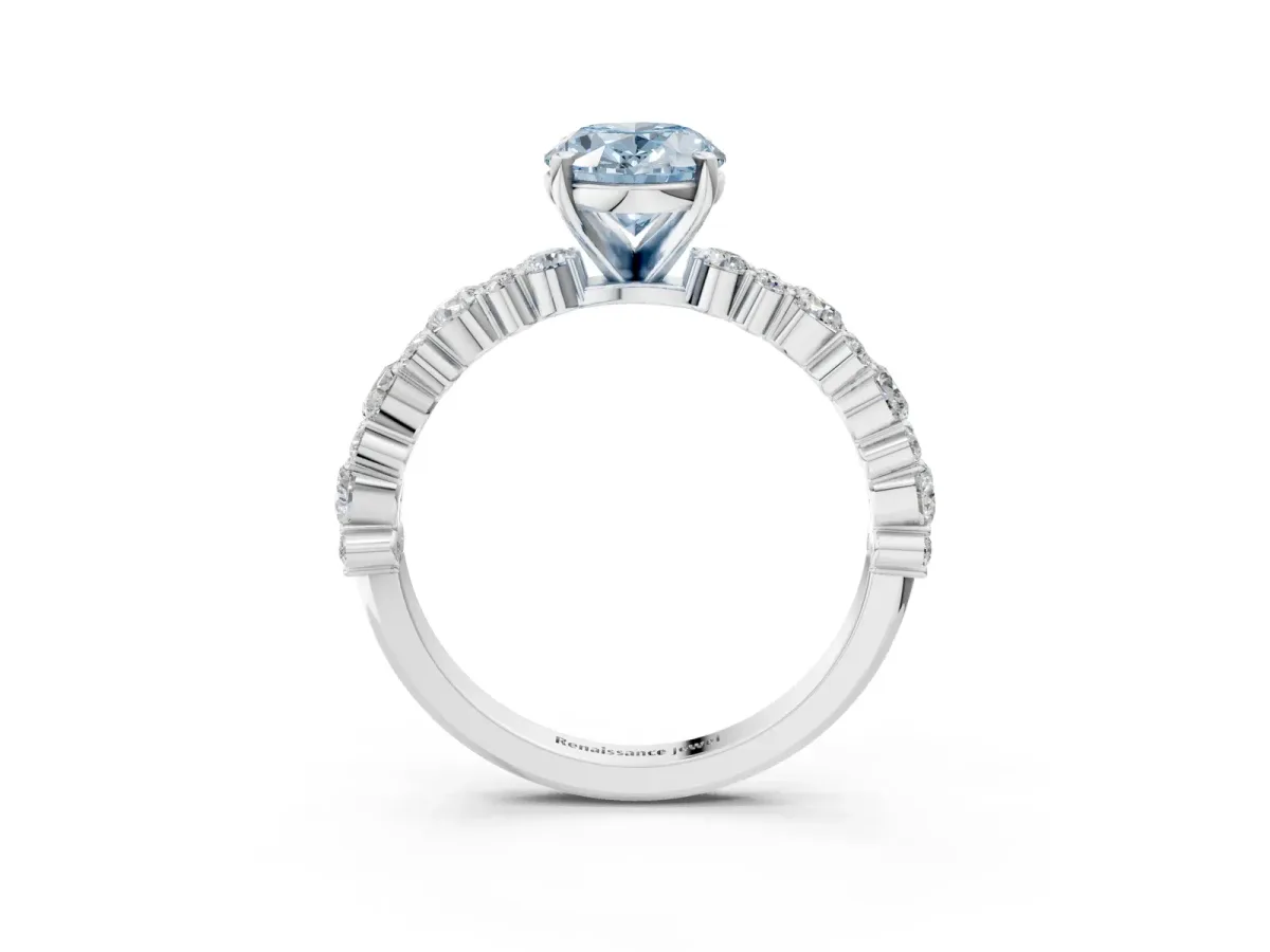 Fancy Blue Oval Cut Diamond Side Stone Solitaire Ring with Round and Four-Prong Setting Platinum