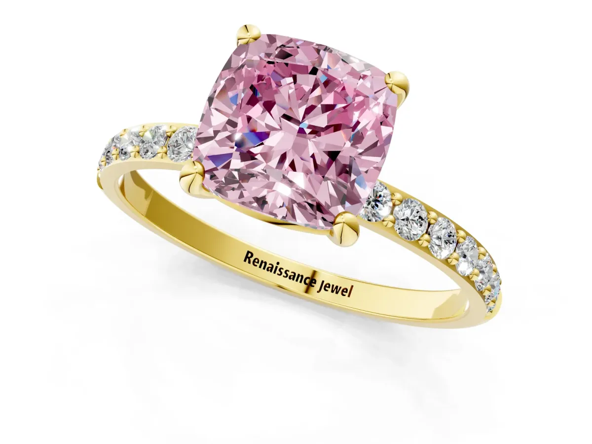 Fancy Pink Cushion Cut Diamond Solitaire Ring with Round Pavé Band and Prong Setting Yellow gold