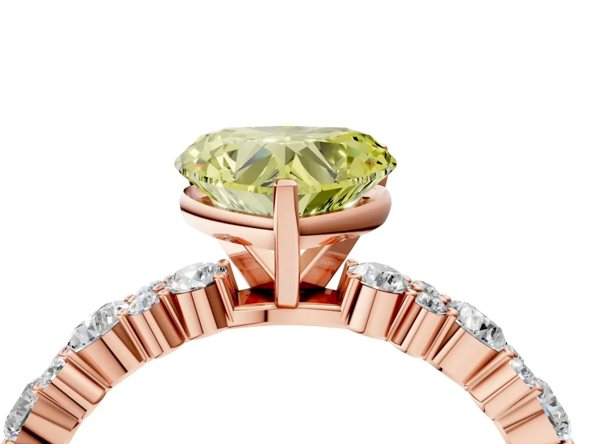 Fancy Yellow Heart Cut Diamond Side Stone Solitaire Ring with Round and Four-Prong Setting Rose gold