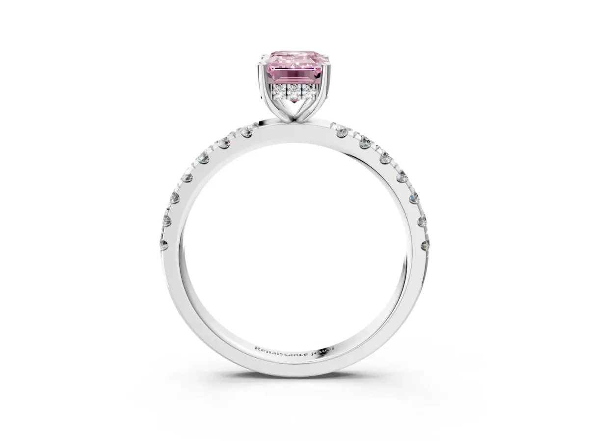 Fancy Pink Emerald Cut Diamond Pave Band Solitaire Ring with Round and Prong Setting Silver