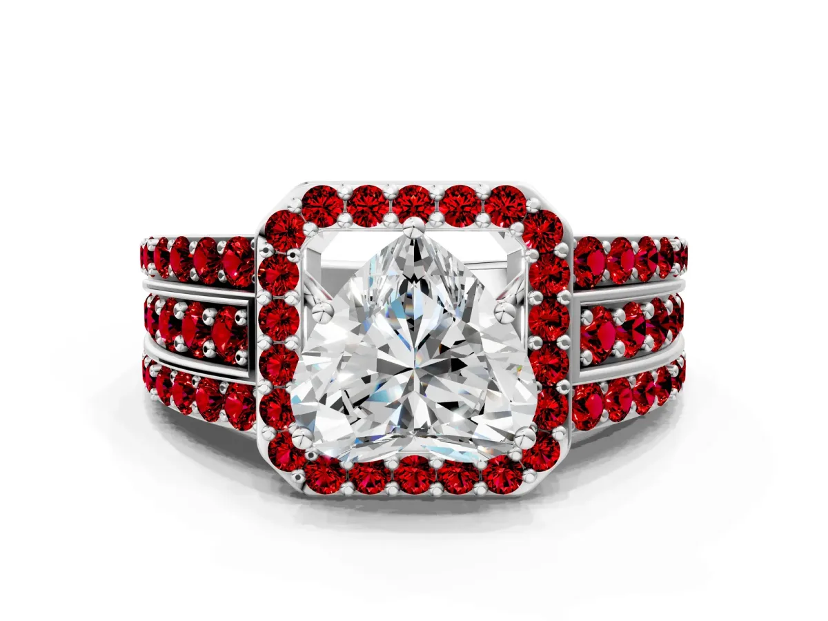 Heart Cut Halo Diamond Ring with Round Ruby Split Shank and Prong Setting Silver