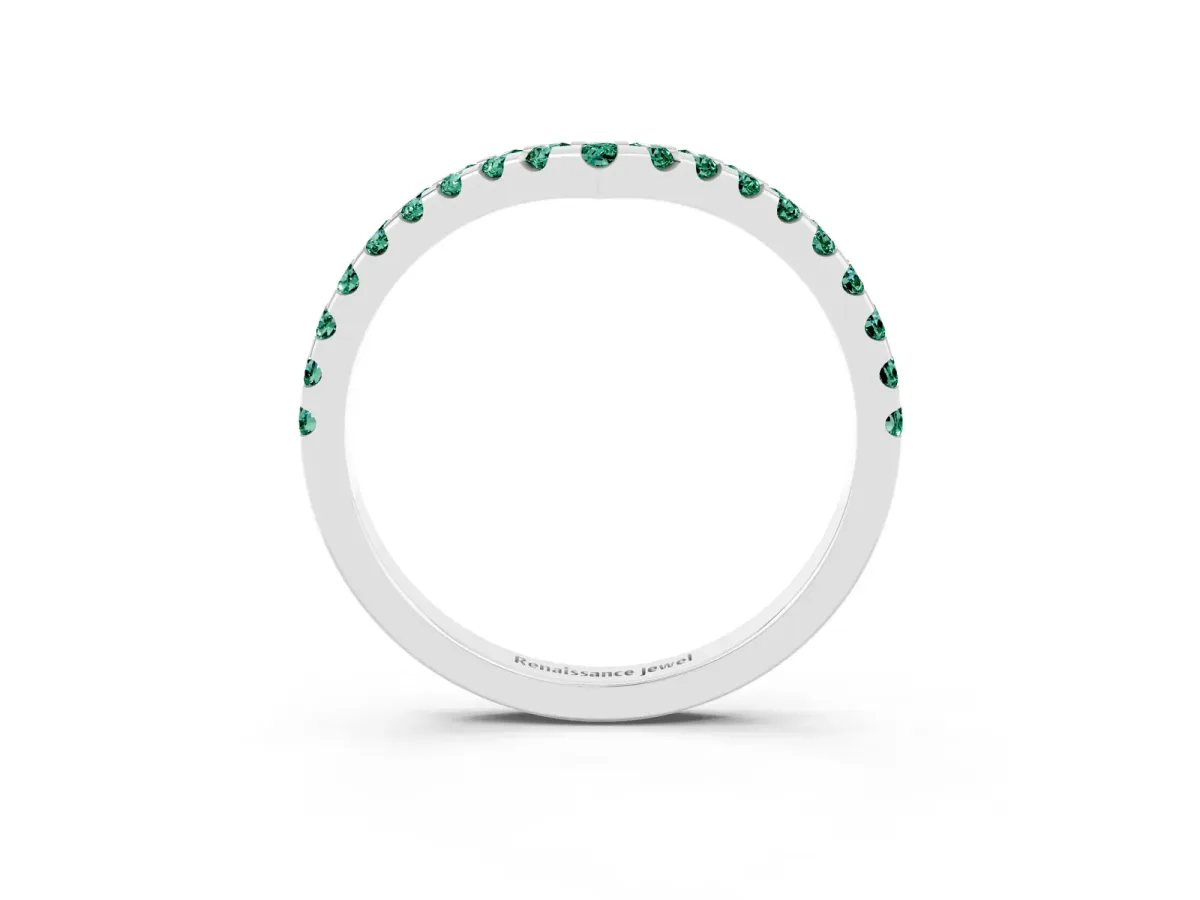 Pavé Round Green Sapphire Chevron Band with Shared Prong Setting White gold