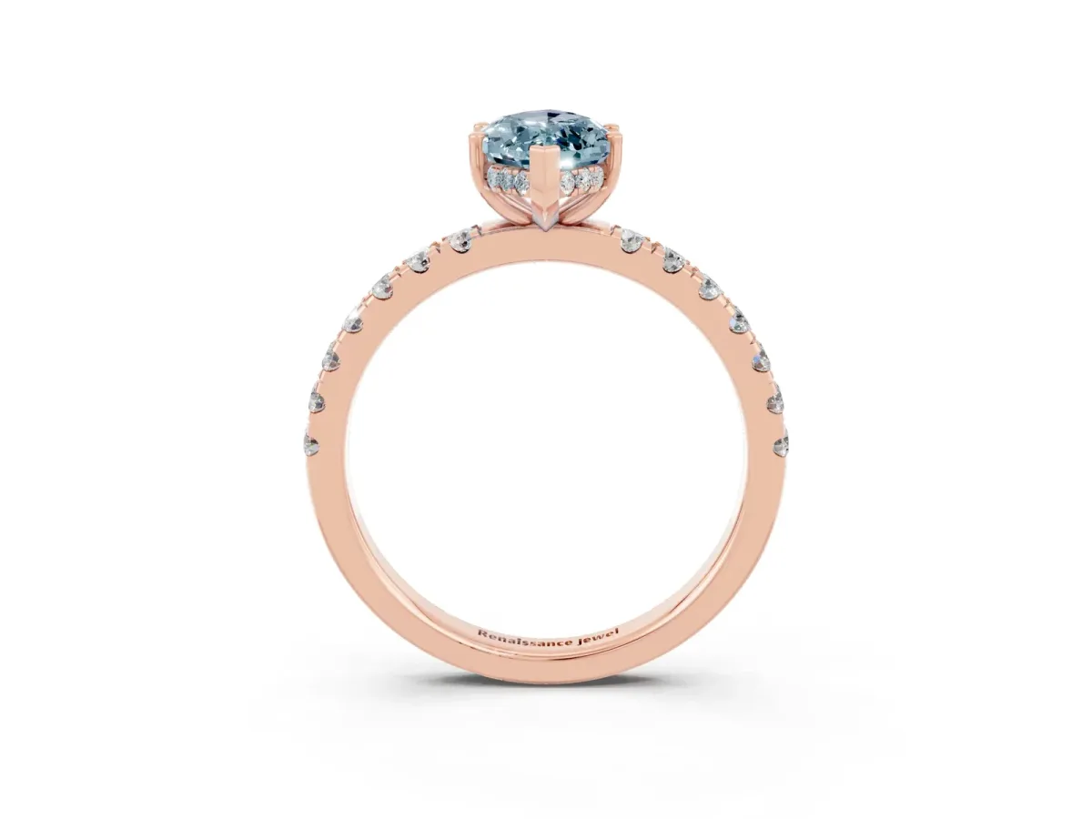 Marquise Cut Aquamarine Pave Band Solitaire Ring with Round and Prong Setting Rose gold