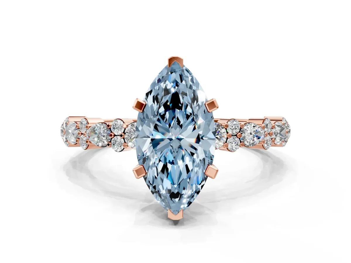 Fancy Blue Marquise Cut Diamond Side Stone Solitaire Ring with Round and Four-Prong Setting Rose gold